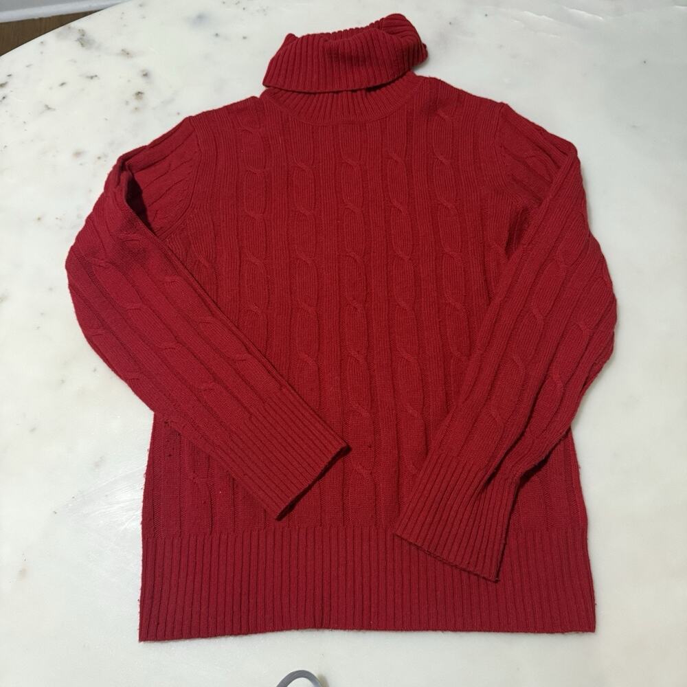 L.L.Bean Women’s S 80% Lambswool Red Cable Knit Turtleneck Sweater Pullover Cozy